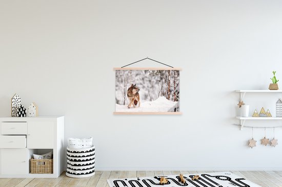 Posterhanger incl. Poster 90x60 cm - Schoolplaat - Wolf - Winter - Sneeuw - Natuur - Dieren - Textielposter - Blanke latten