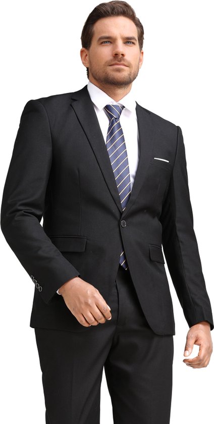 Man in zwart colbert met blauw-wit gestreepte das.