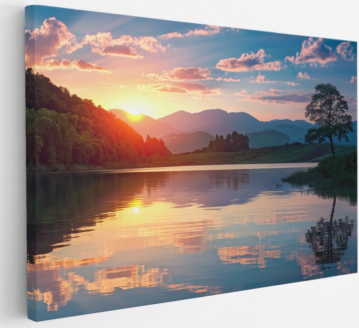 Saammp Canvas Schilderij - Groot meer met zonsondergang - Landschap - Natuur - 30x20 - Foto op canvas - Wanddecoratie - Muurdecoratie Woonkamer - Slaapkamer decoratie - Canvas Print Multicolor