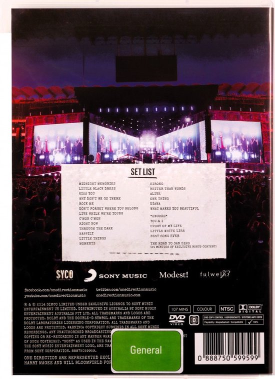 Achterkant DVD One Direction 'Where We Are', met setlist, bandinfo en technische specificaties.