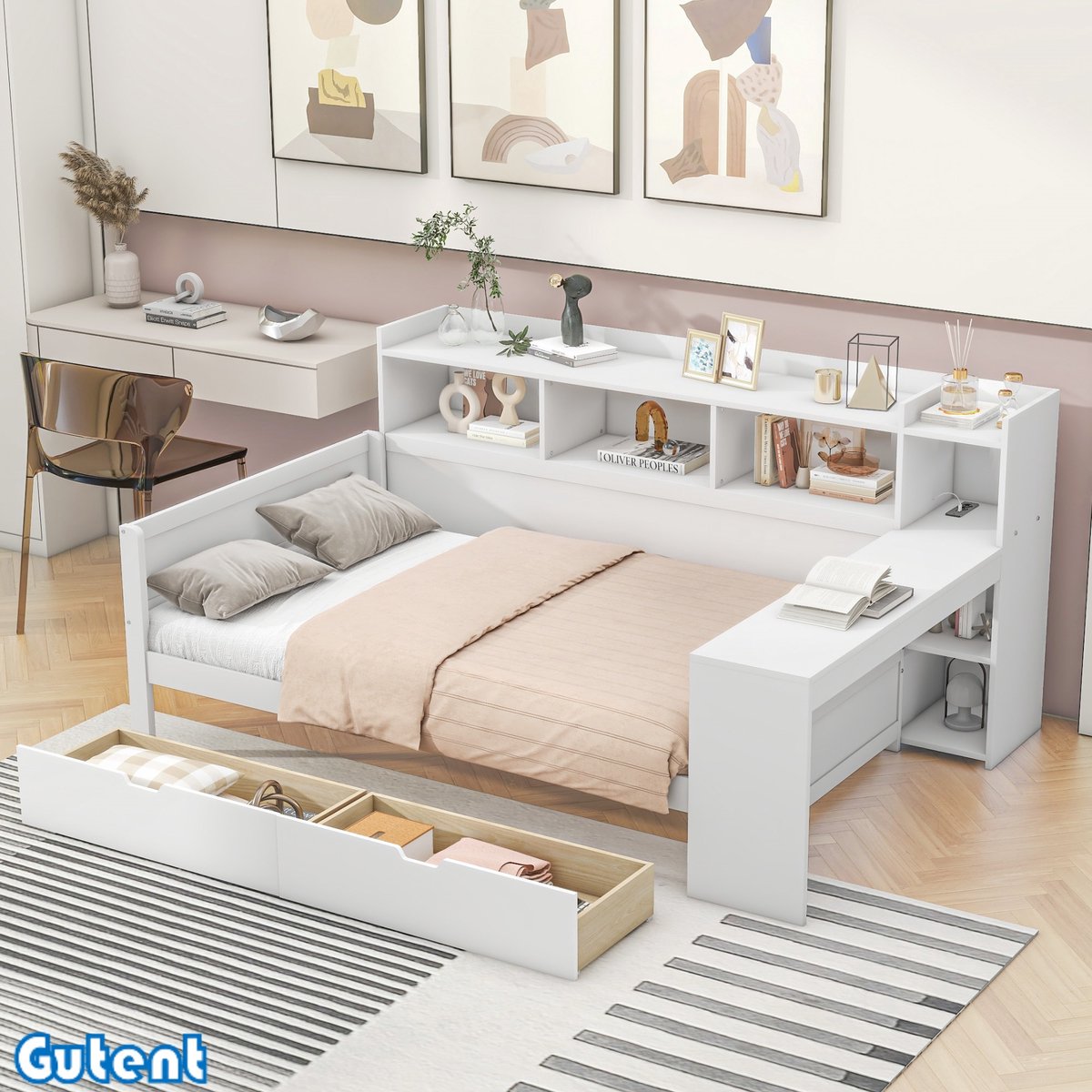 Gutent Slaapbank -90 x 200 cm -met aansluiting -USB -2 laden -Zonder matras -Spaanplaat - Wit- Opslagruimte