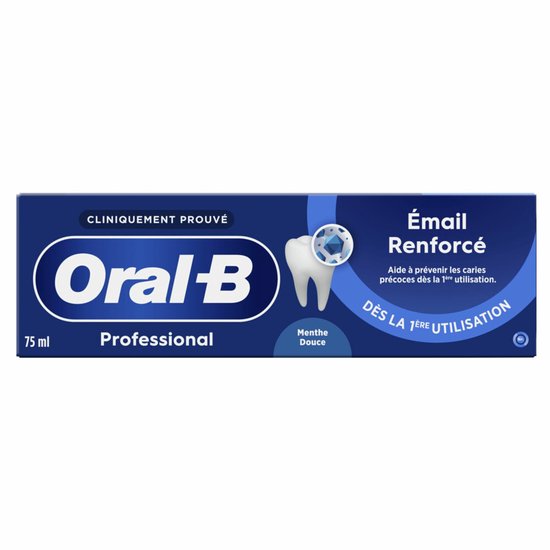 Oral-B Professional tandpasta, 'Émail Renforcé' met menthe douce smaak. Klinisch bewezen. Blauwe doos met tand-icoon.