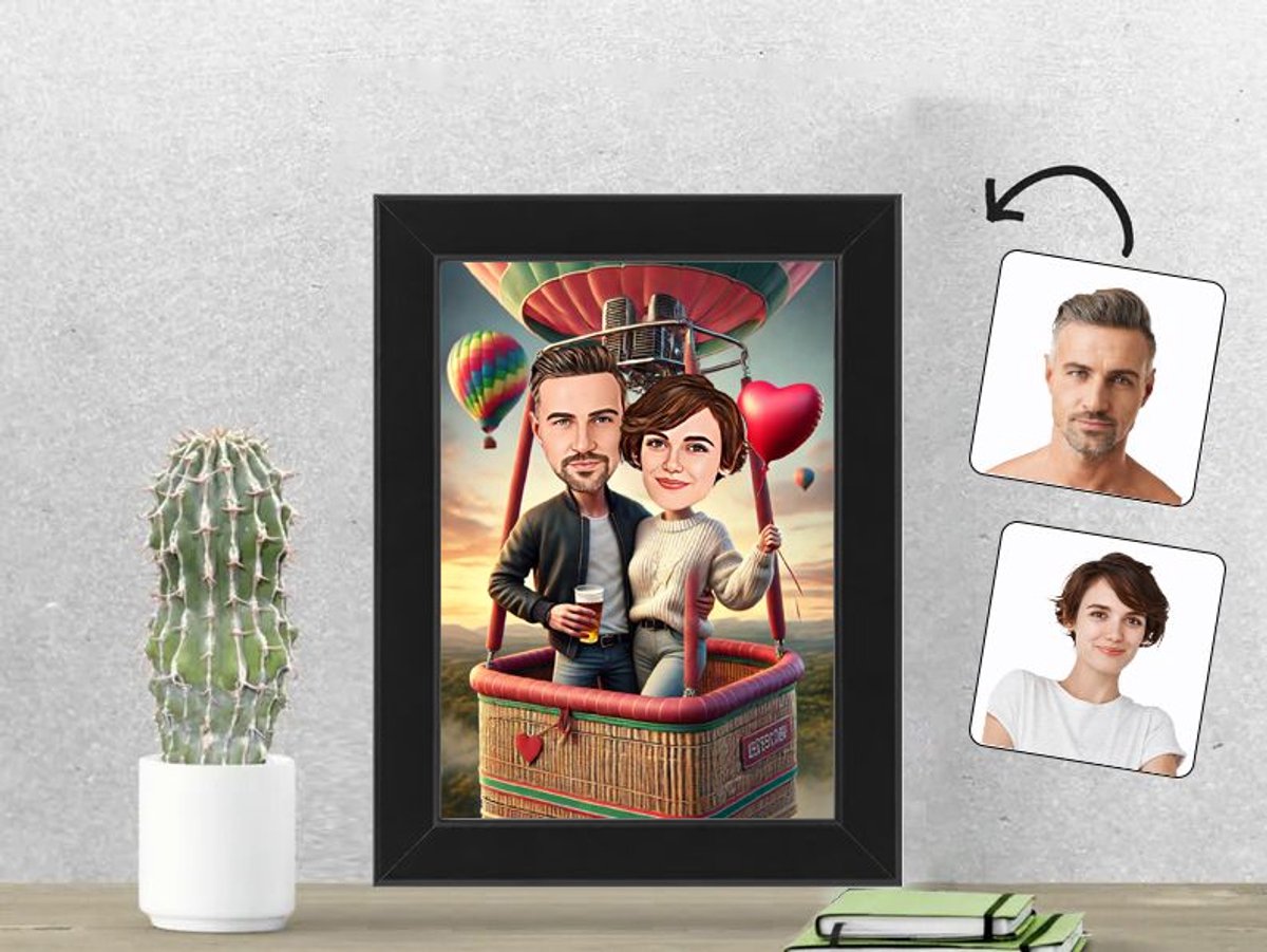 Magische Luchtballonvaart met Jouw Karikatuur - Gepersonaliseerde Karikatuur Fotolijst 13x18 cm - Gepersonaliseerd Cadeau - Met Jouw Foto - Verjaardag - Kerst - Valentijn - Uniek en Handgemaakt - Cadeau - Verjaardag - Kerst - Kado - Valentijn - Huwel