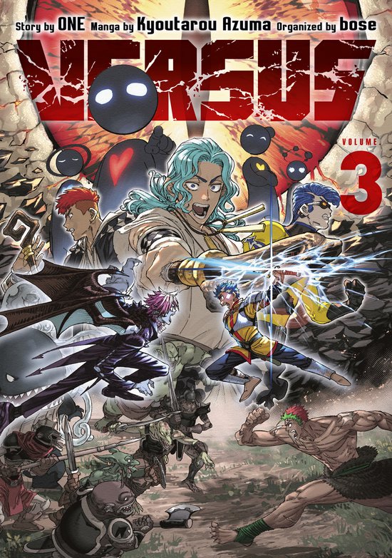 Versus Volume 3 manga cover: diverse personages in actie, met in het midden een man met blauwgroen haar en goudkleurige accessoires.