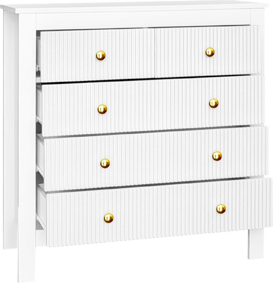 Dressoir Met 4 Deuren En 4 Lades - 140 X 37,8 X 82 Cm - MDF Hout En Gouden Handgrepen En Poten Wit