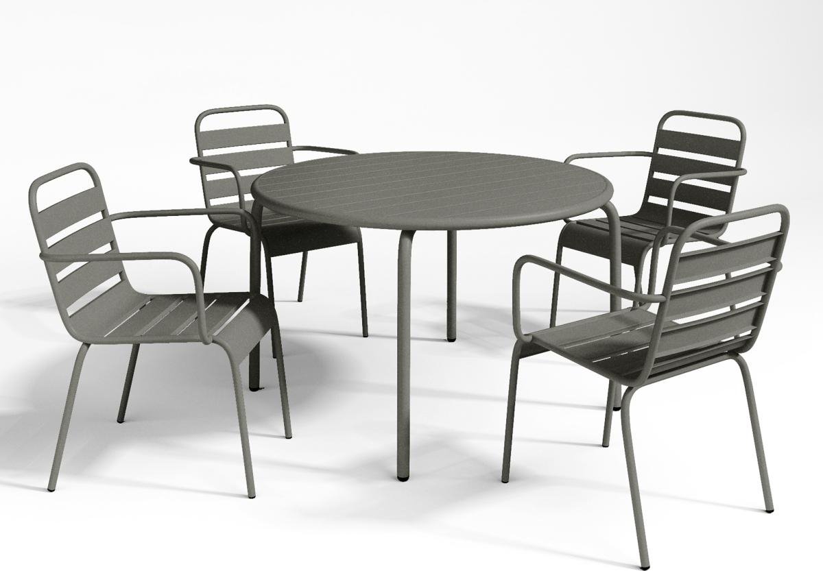 Tuinset van metaal in donkergrijs - Tafel D110 cm en 4 fauteuils.
