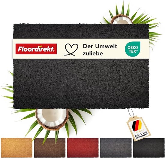 FLOORDIREKT Deurmat Kokos - Voor Binnen en Buiten - Deurmat van Kokos - Vuilvangmat voor Voordeur - Antislip - Voetschraper - Schoonloopmat Naturel - Zwart - 17 mm - 40 x 60 cm