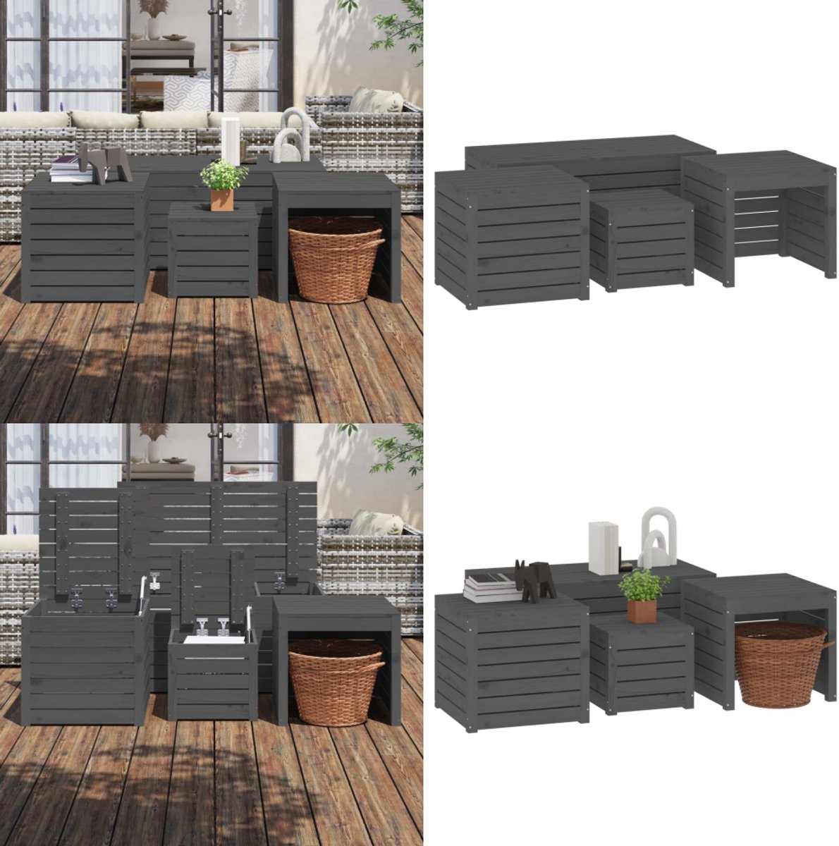 vidaXL - 4-delige - Tuinboxset - massief - grenenhout - grijs