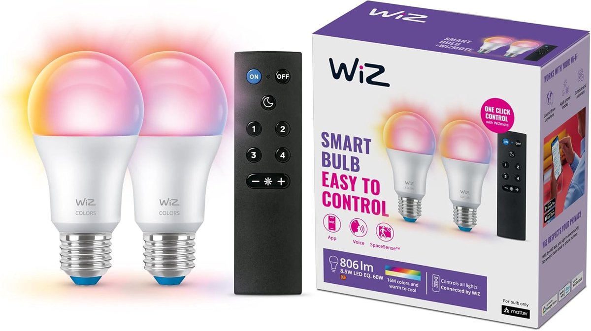 Slimme LED Lamp E27 60W met Afstandsbediening - 2-Pack - Gekleurd en Wit Licht - Wi-Fi Verbinding