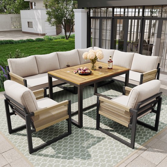 Sweiko Tuinset - Dining loungeset - 7-8 Personen - Met Eettafel - Hoekbank - 2 Enkele Stoelen - Beige