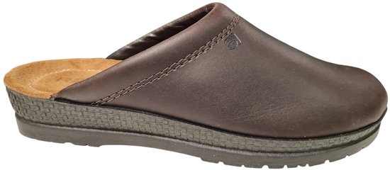 Bruine leren pantoffel met suède binnenzool en Rohde logo. Woven zool.