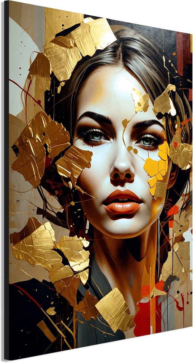 Wanddecoratie Metaal - Aluminium Schilderij Gouden scherven schoonheid - 120 x 80 cm - Vrouw - Muurdecoratie woonkamer en slaapkamer - Inclusief ophangsysteem - Modern - Modern - Displate alternatief