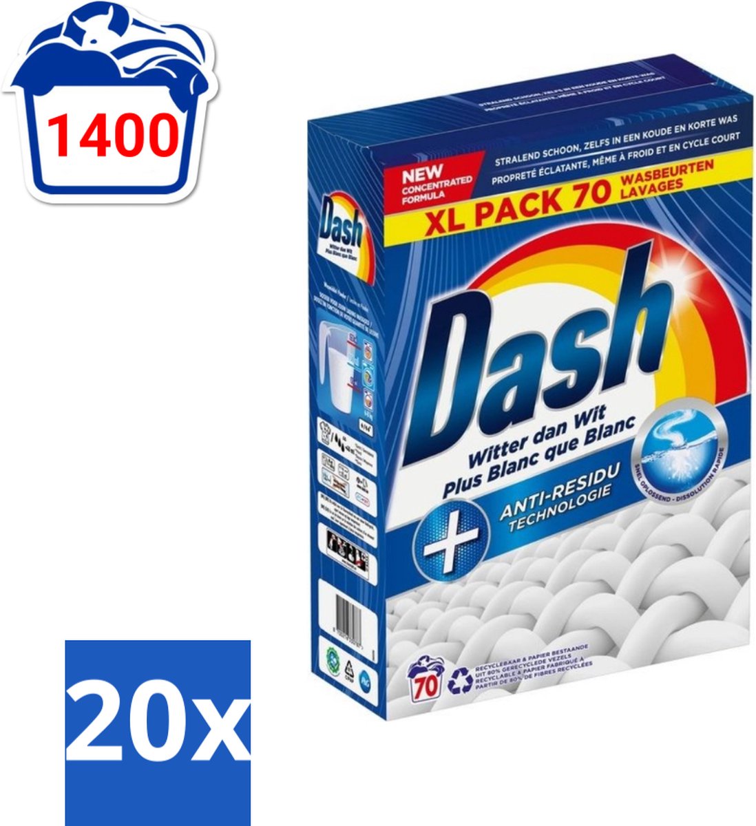 20 x Dash - Witter dan Wit - Snel Oplossend Waspoeder - Witte Was - 70 Wasbeurten - Waspoeder - Witte Was - Anti-residu - Koud Wassen - Energiezuinig