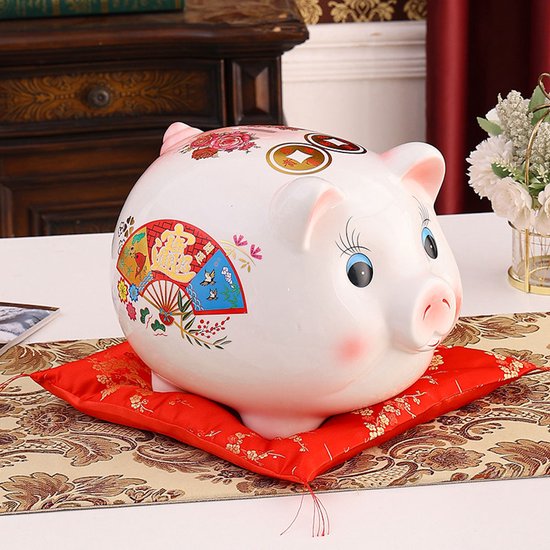 Decopatent - Tirelire Cochon Chinois - Tirelire Porte-Bonheur en Céramique de Chine - Style Chinois Dimensions 17 x 14 x 12 cm - Tirelire cochon pour adultes et petits enfants - Cadeau - Porte-bonheur - Couleur : Style Chinois