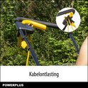 Close-up van het handvat en de kabelontlasting van een gele Powerplus grasmaaier.