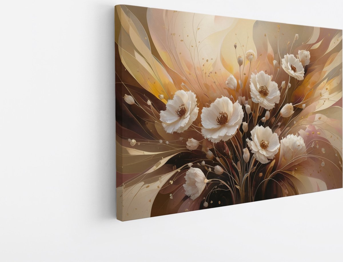 Saammp Canvas Schilderij - Witte bloemen - Abstract - 60x40 - Foto op canvas - Wanddecoratie - Muurdecoratie Woonkamer - Kantoor Decoratie Multicolor