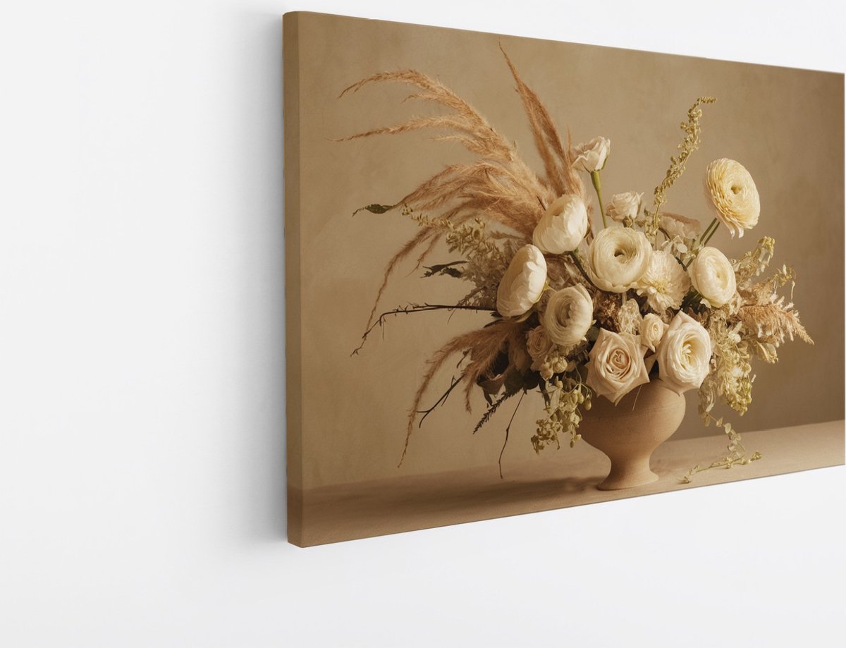 Saammp Canvas Schilderij - Beige Bloemen in mooie vaas - Abstract - 90x60 - Foto op canvas - Wanddecoratie - Muurdecoratie Woonkamer - Kantoor Decoratie Multicolor