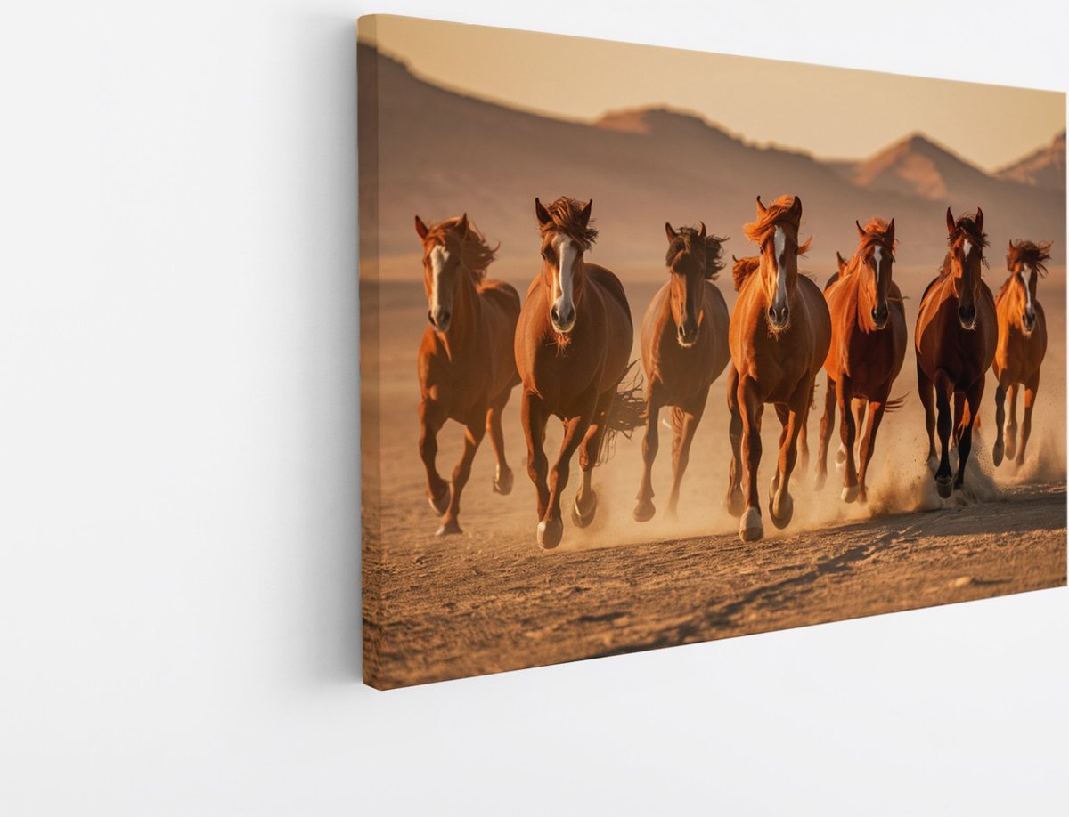 Saammp Canvas Schilderij -Groep paarden in galop- Dieren - Natuur - 70x50 - Foto op canvas - Wanddecoratie - muurdecoratie Woonkamer - Slaapkamer decoratie - Canvas Print Multicolor