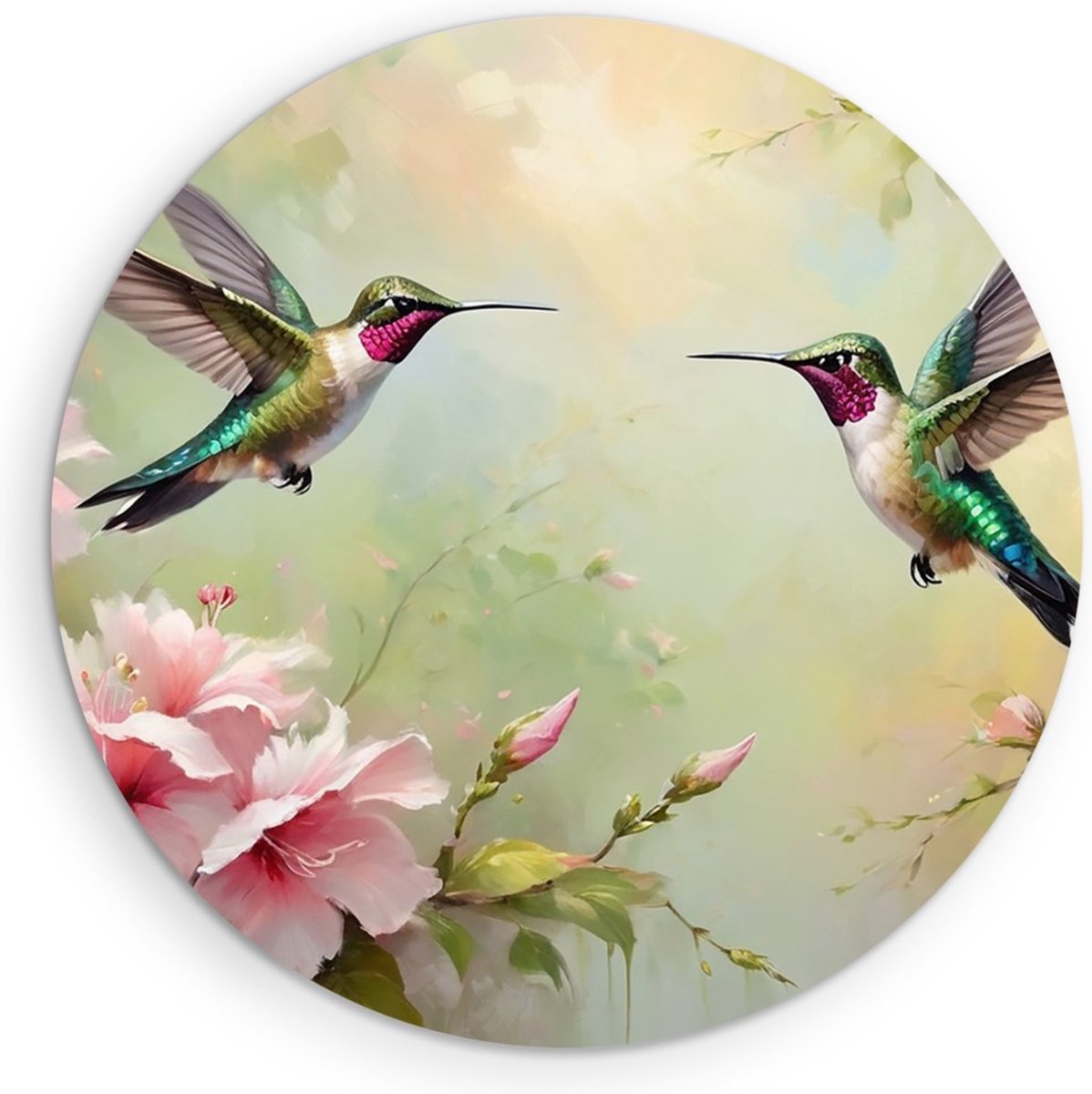 Saammp Forex Muurcirkel - Abstracte Kolibries - Dieren - Bloemen - Ø 80 - Wandcirkel - Wanddecoratie Cirkel - muurdecoratie Woonkamer - Slaapkamer decoratie - Rond Schilderij
