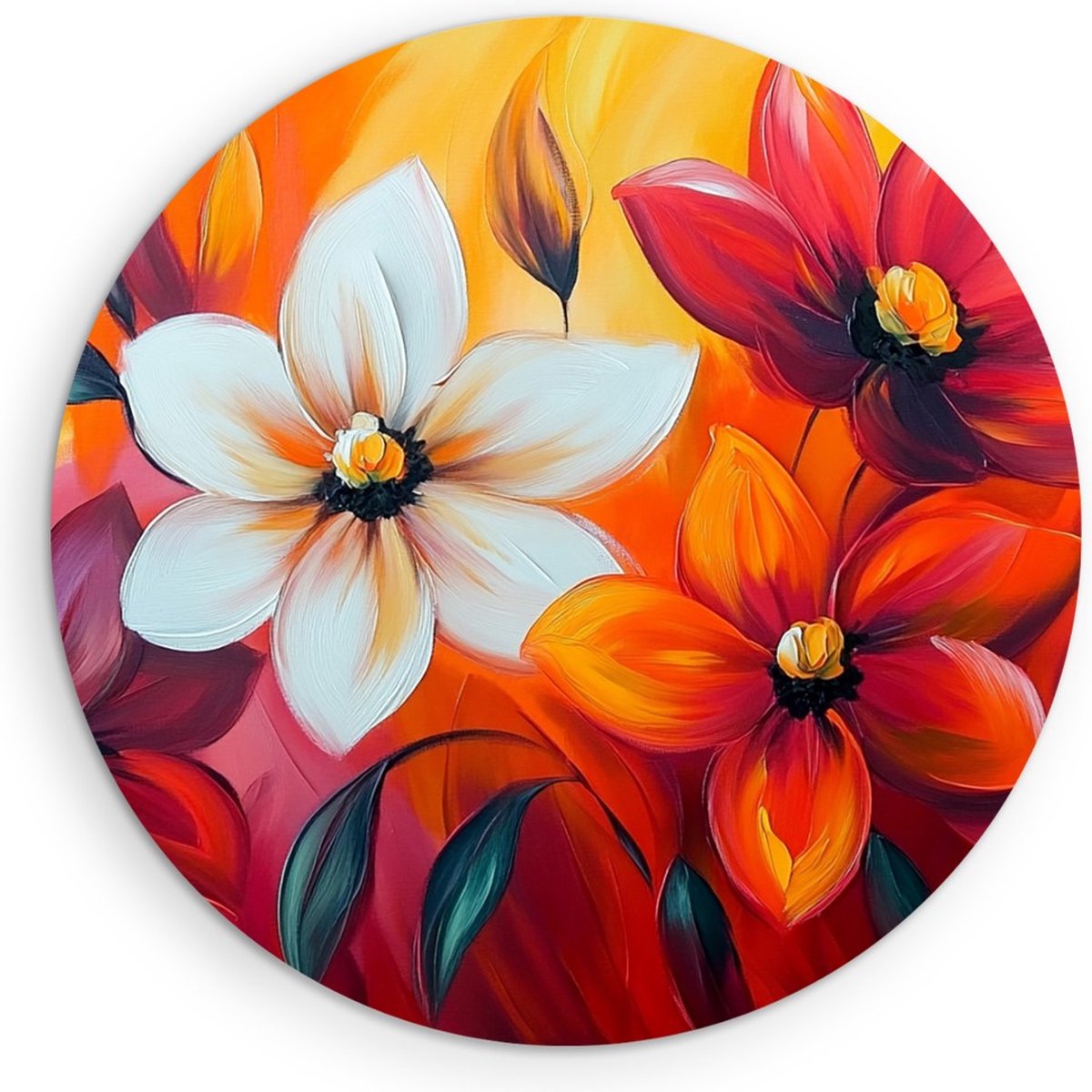 Saammp Muurcirkel Hout - Oranje Wit Gekleurde Bloemen - Kleurrijk - Natuur - Abstract - Ø 40 - Wandcirkel - Wanddecoratie Cirkel - Muurdecoratie Woonkamer - Kantoor Decoratie