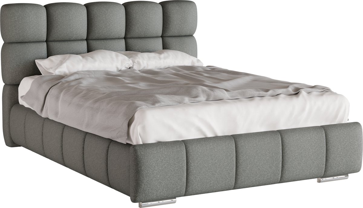 Homesy The Essence of Comfort GEPOLSTERD BED Bliss 140 x 200 cm met opbergruimte, lattenbodem en Pocketveringmatras H3 (19 cm hoog) Donkergrijs