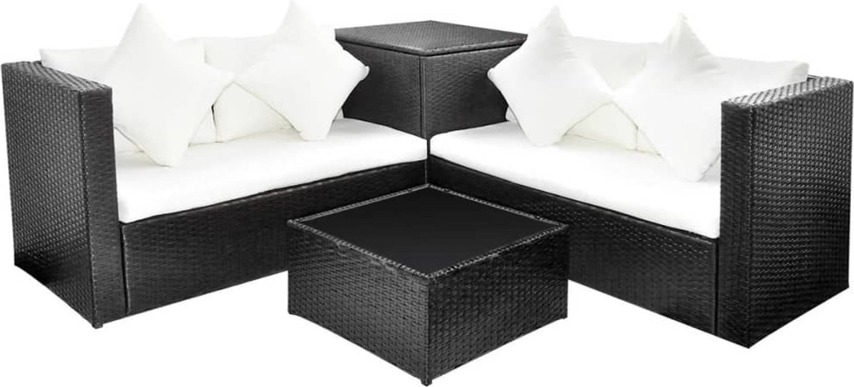 The Living Store 4-delige Loungeset met kussens poly rattan zwart - Loungeset - Tuinset - Lounge Meubels - Buitendecoratie - Garden Furniture