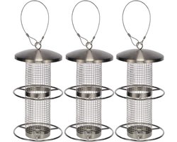 3x stuks RVS vogel voedersilo zilver 28 cm - Vogelvoederhuisje - Vogel voederstation - Vogelvoer - Hangend