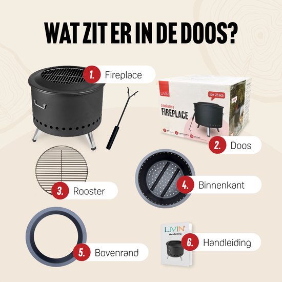 Inhoud van de doos: Livin' vuurkorf, grillrooster, binnenkant, bovenrand, pokertopper en handleiding.