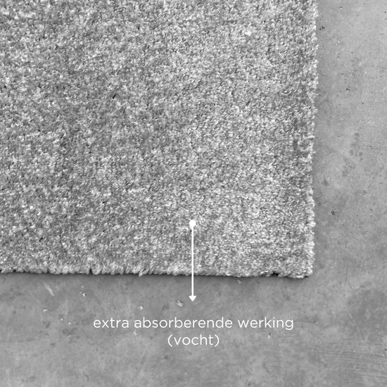 Close-up van de textuur van de grijze deurmat met de tekst 'extra absorberende werking (vocht)'.