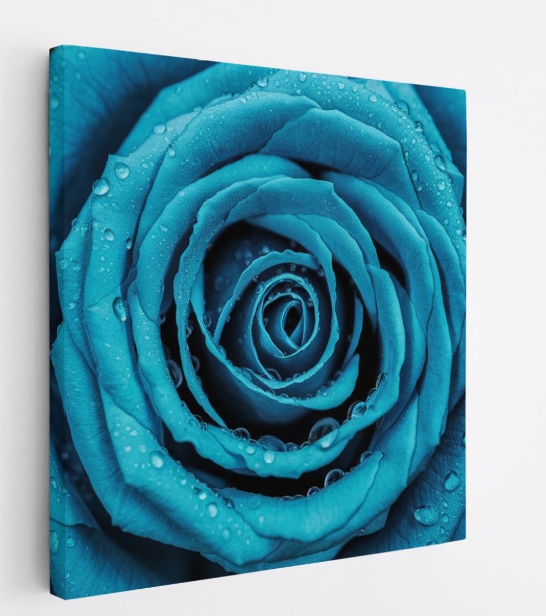 Saammp Canvas Schilderij - Blauwe Roos Met Waterdruppels - Natuur - Abstract - 60x60 - Foto op canvas - Wanddecoratie - Muurdecoratie Woonkamer - Kantoor Decoratie Multicolor