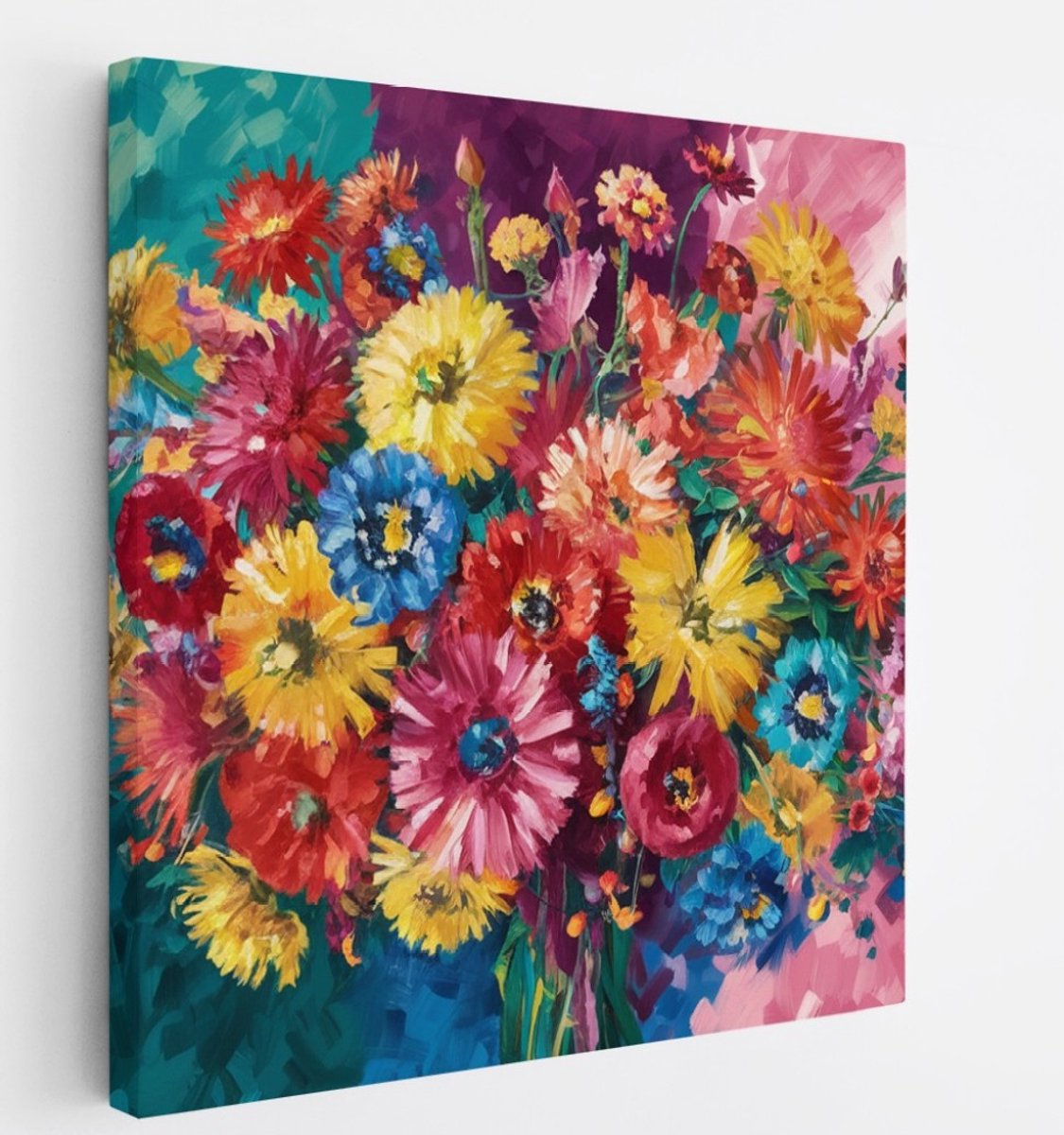 Saammp Canvas Schilderij - Kleurrijk Bloemenboeket - Natuur - Abstract - 30x30 - Foto op canvas - Wanddecoratie - Muurdecoratie Woonkamer - Kantoor Decoratie Multicolor