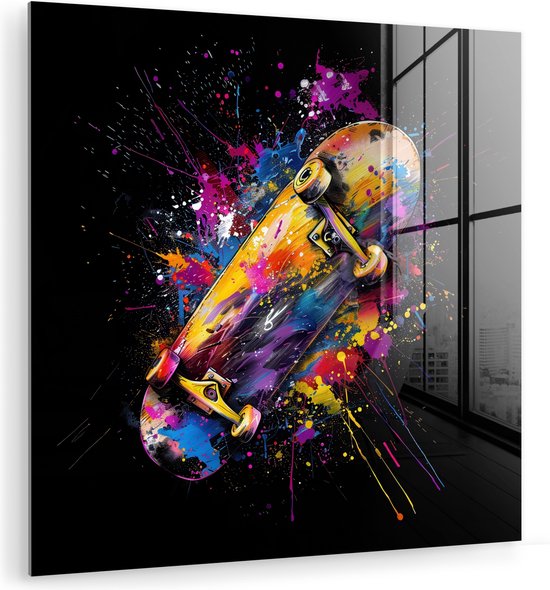 MuchoWow® Glasschilderij 90x90 cm - Schilderij acrylglas - Graffiti - Sport - Skateboard - Skate - Foto op glas - Muurdecoratie woonkamer - Wanddecoratie slaapkamer - Schilderijen