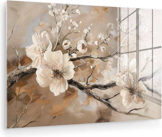 MuchoWow® Glasschilderij 120x80 cm - Schilderij acrylglas - Bloemen - Natuur - Wit - Bloesem - Abstract - Foto op glas - Muurdecoratie woonkamer - Wanddecoratie slaapkamer - Schilderijen