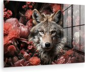MuchoWow® Glasschilderij 120x80 cm - Schilderij acrylglas - Wolf - Dier - Bloemen - Botanisch - Natuur - Fantasie - Foto op glas - Muurdecoratie woonkamer - Wanddecoratie slaapkamer - Schilderijen