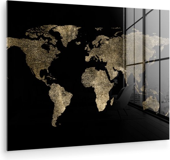 MuchoWow® Peinture sur verre - Wereldkaart - Or - Zwart - Terre - Luxe - 160x120 cm - Peintures sur verre acrylique - Photo sur Glas