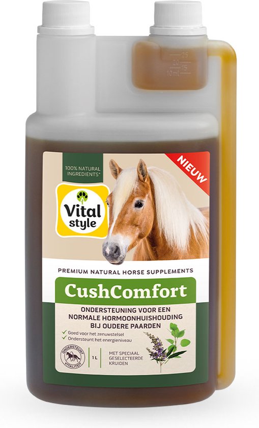 Vitalstyle CushComfort - Paarden Supplementen - Ondersteuning voor een normale hormoonhuishouding bij oudere paarden - Goed voor het zenuwstelsel - Ondersteunt het energieniveau - 1L Vitalstyle CushComfort - Paarden Supplementen - Ondersteuning voor een normale hormoonhuishouding bij oudere paarden - Goed voor het zenuwstelsel - Ondersteunt het energieniveau - 1L