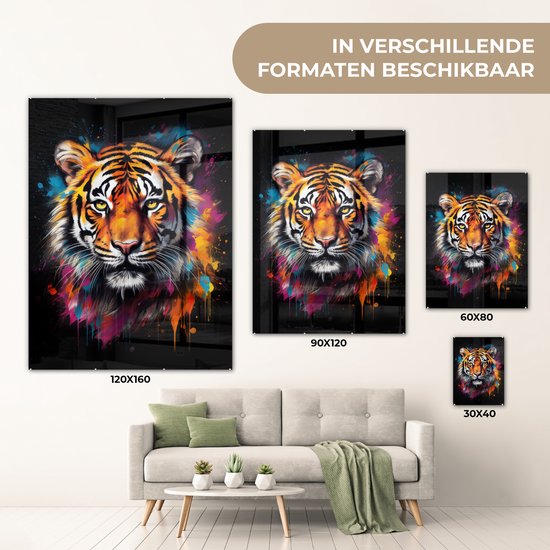 MuchoWow® Tableau sur verre 90x120 cm - Tableau sur verre acrylique - Tigre - Graffiti - Animaux - Zwart - Photo sur verre - Décoration murale salon - Décoration murale chambre - Peintures