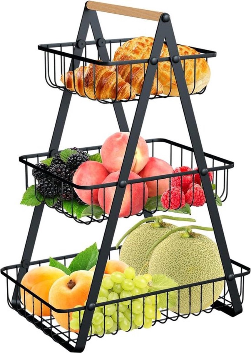Fruitetagère - 3 etages metaal - fruitmand broodmand - fruitschaal - groentemand - keuken opslag - fruit groenten snacks - MEESOGA