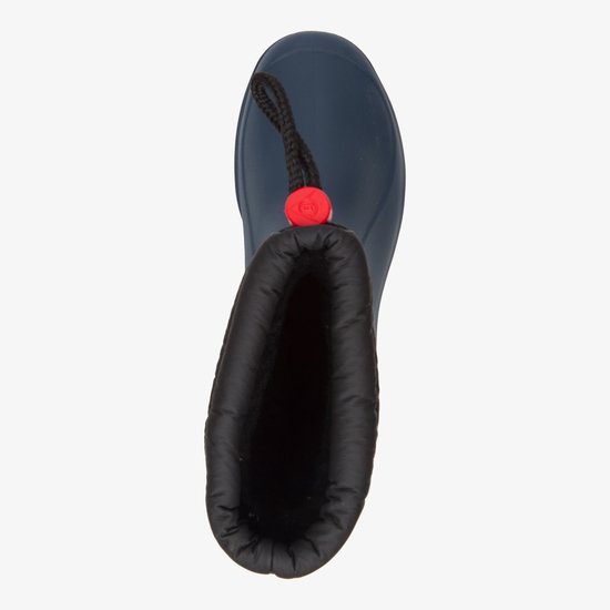 Blauwe Dunlop kinderlaars, bovenaanzicht, met zwarte voering en rode veterstopper.