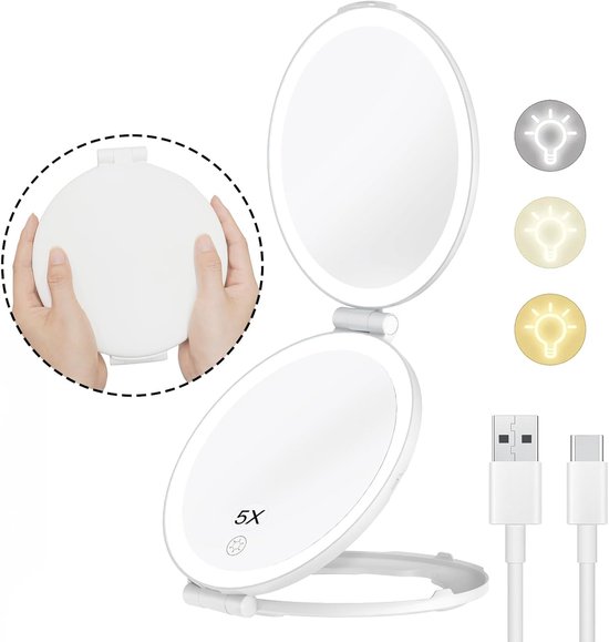Famihomii 5000mAh oplaadbare cosmeticaspiegel met LED-verlichting, 22,1 cm dubbelzijdig 1X/20X vergroting cosmeticaspiegel wandmontage, 3 kleurtemperaturen, dimbaar, 360° draaibaar (chroom
