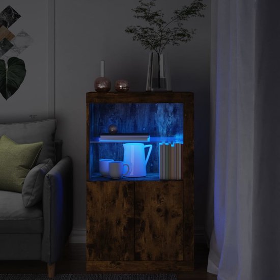 vidaXL nachtkastje met LED-verlichting bewerkt hout gerookt eikenkleur, bijzettafel, wandtafeltje, nachttafeltje, wandkastje, nachttafel, nacht kast