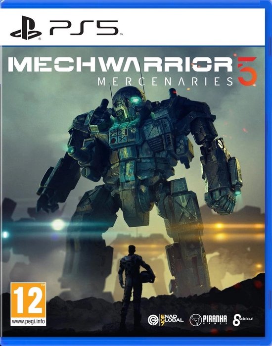 PS5 speldoos met 'Mechwarrior 5 Mercenaries' erop. Een grote, donkere mech domineert de voorkant, een menselijke figuur staat ervoor.