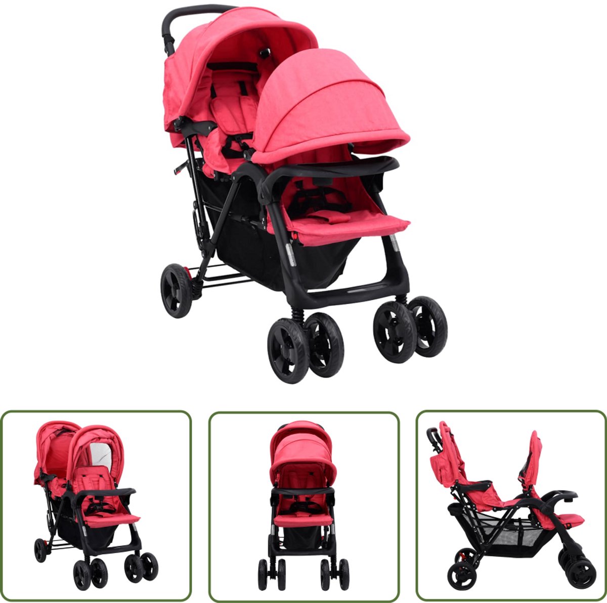 The Living Store Tandem Twin Staal-Linnen Dubbele Wand-wandelwagen - 122.5 x 53.5 x 111 cm - Rood/Zwart