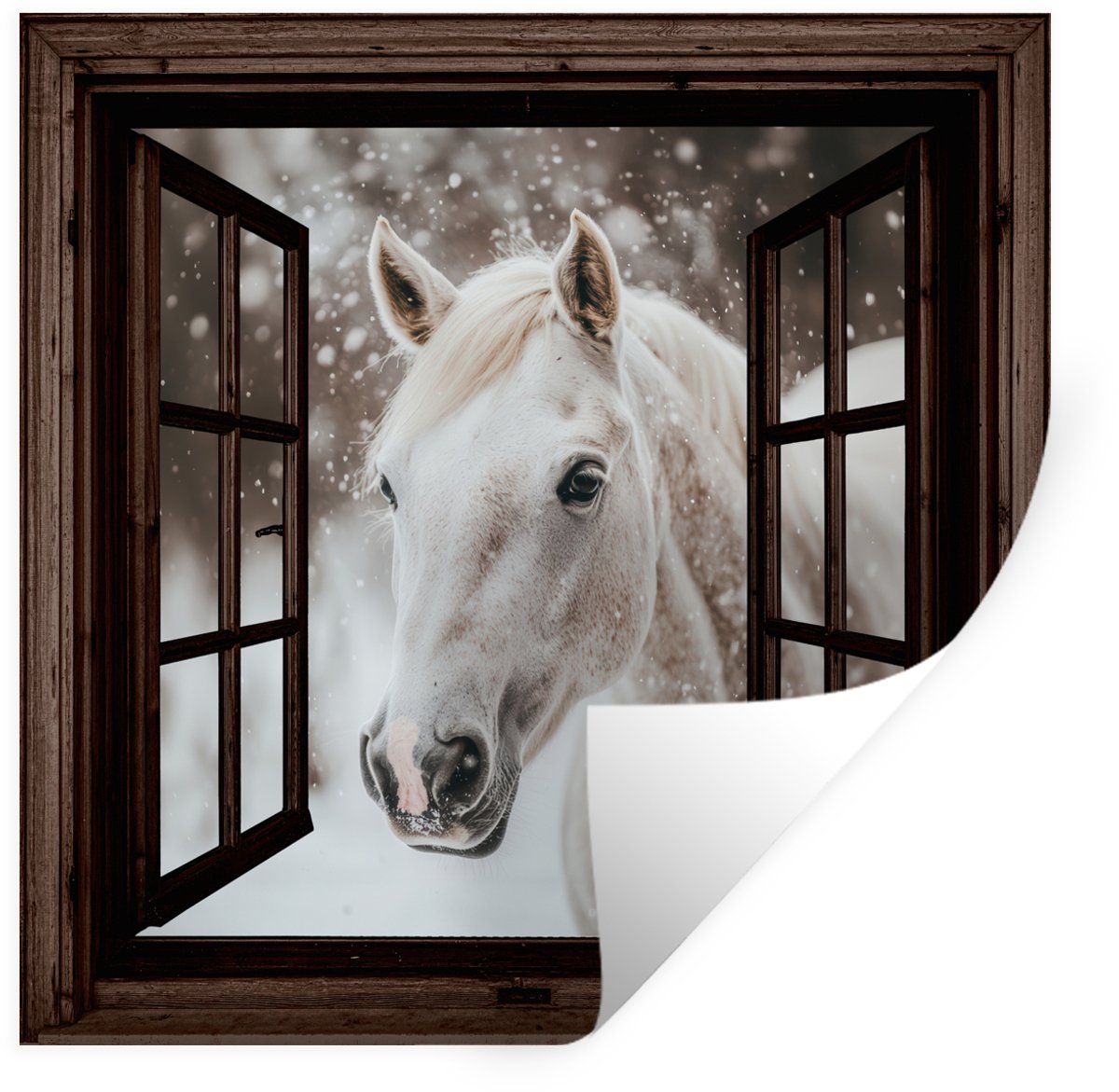 Muurstickers - Sticker Folie - Doorkijk - Paard - Wit - Winterlandschap - Sneeuw - 80x80 c