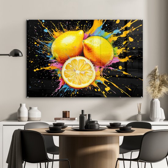 MuchoWow® Glasschilderij 120x80 cm - Schilderij acrylglas - Citroen - Graffiti - Kleurrijk - Verf - Modern - Foto op glas - Muurdecoratie woonkamer - Wanddecoratie slaapkamer - Schilderijen