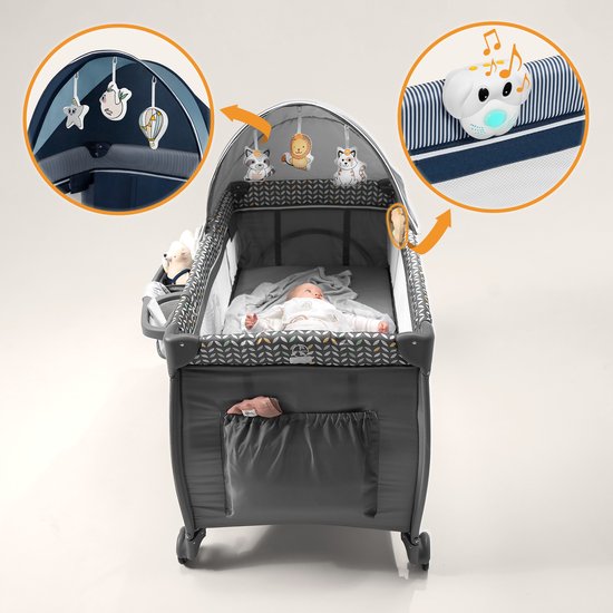 Lionelo Sven Plus 2in1 Meegroeibed & Campingbedje - 127x60 cm - Tot 15 kg - Co-Sleeper - Reisbed met Commode, Organizer, Klamboe en Interactief Speelgoed — afbeelding 5