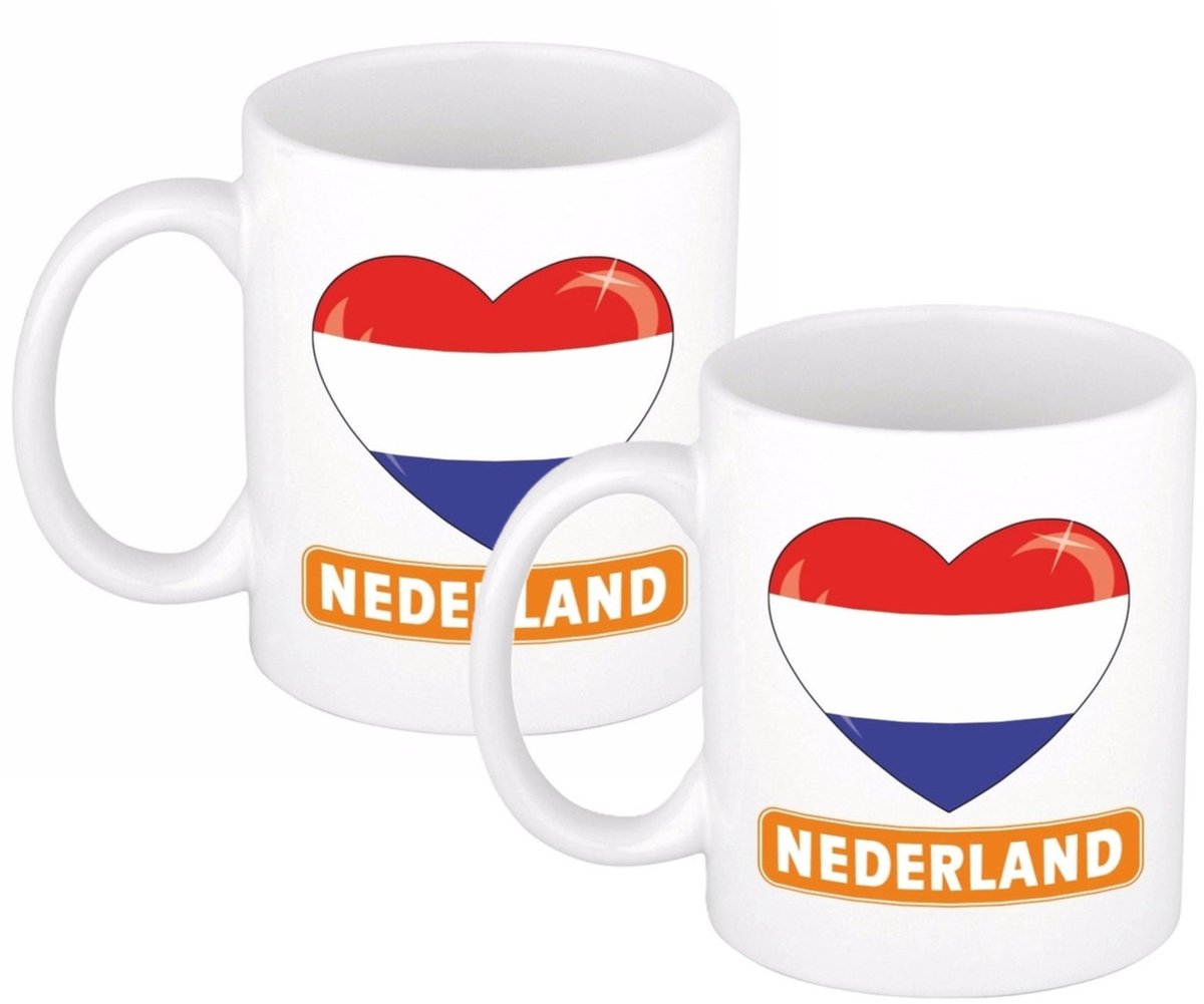 Vlag Nederland koffiemok/beker - 2x - Hartje - 300 ml - Supporters/Koningsdag - cadeau