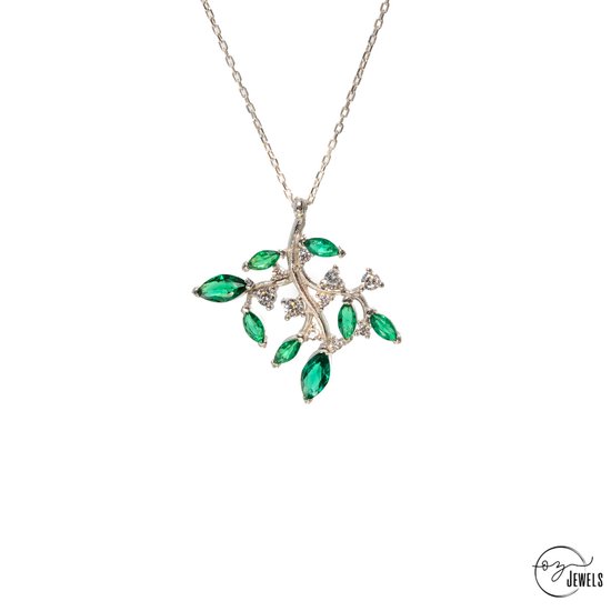 OZ Jewels Zilveren Ketting Uniek Design Versierd met Synthetische Smaragd Stenen - Accessoires - Liefdessieraden - Liefdesketting - Damesketting - Valentijnsdag - Cadeau - Moederdag - Ketting Meisje - Sieraden Dames - In mooie geschenkverpakking
