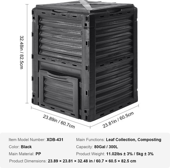 Afmetingen van de zwarte compostbak: 82,5 cm hoog, 60,7 cm breed en 60,5 cm diep. "80Gal / 300L" staat erbij.