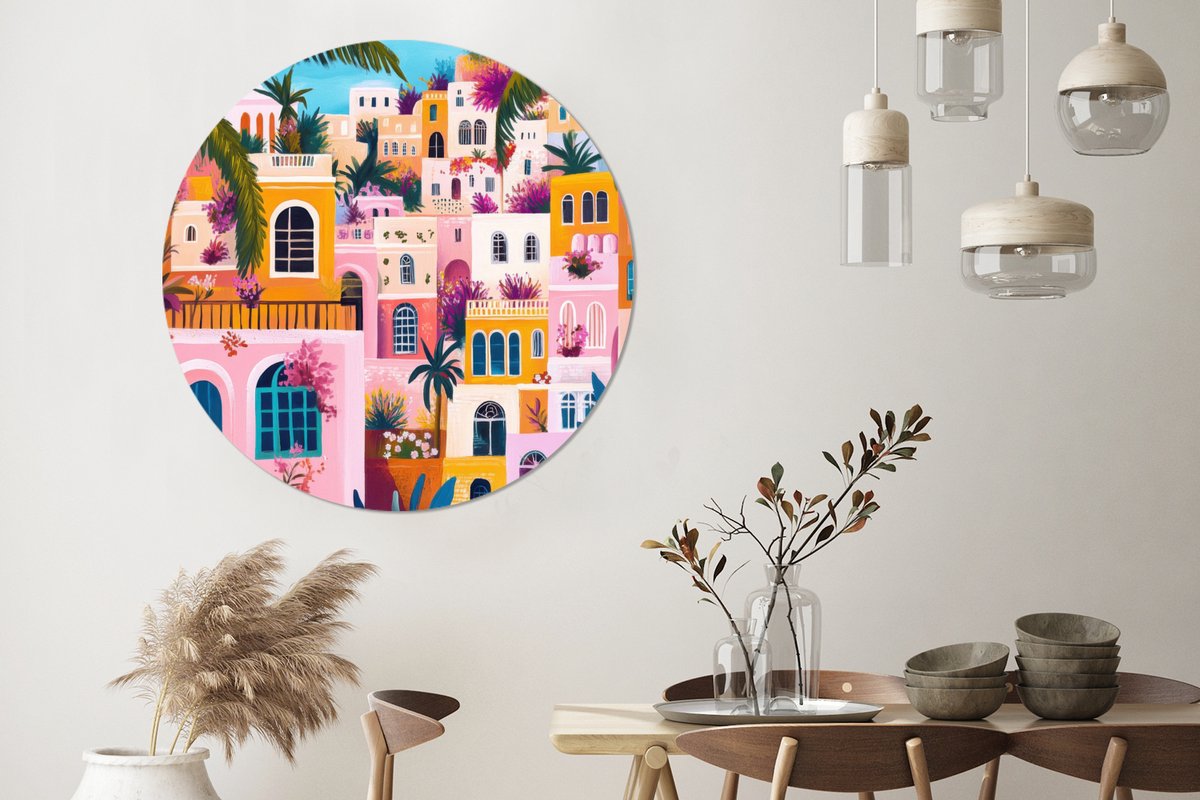 WallCircle Wandcirkel - Muurcirkel - Kleurrijk - Roze - Oranje - Geel - Bloemen - Aluminium - Dibond - 140x140 cm - Binnen en Buiten Stad - Kleurrijk